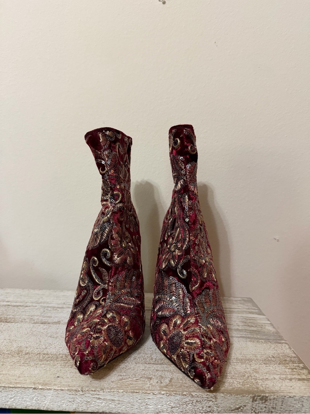 Raye Embroidered Burgundy Floral Sequin Ankle Boot - Picture 4 of 7